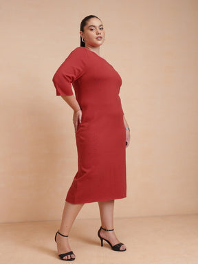 Red Knit Striped-Ribbed Neck Midi Dress-SASSAFRAS Curve