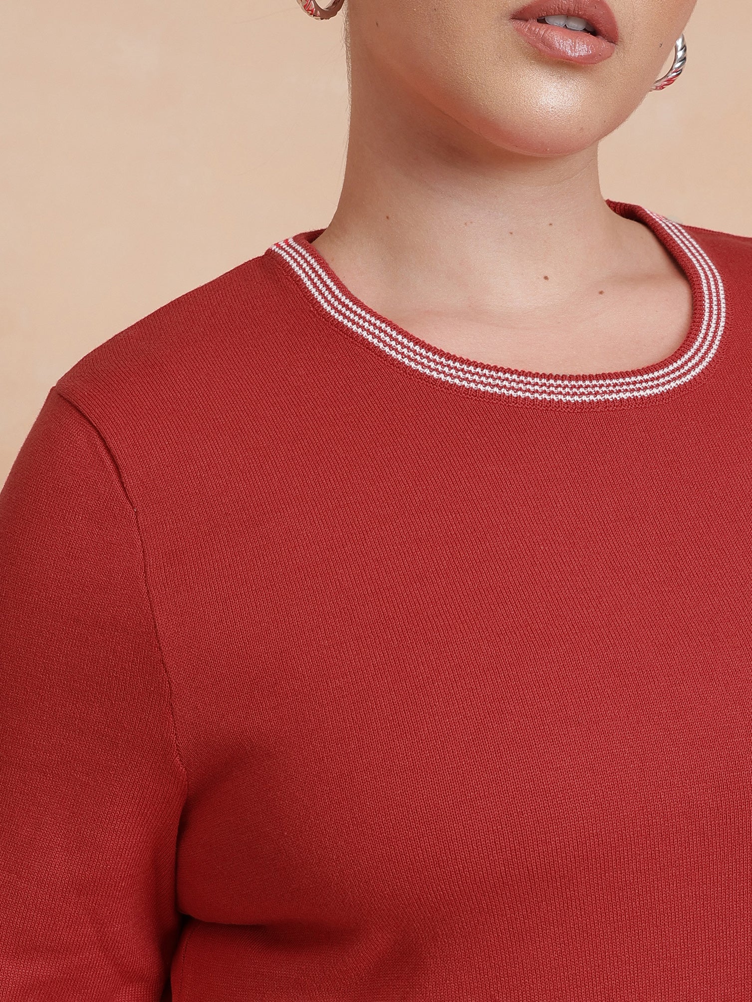 Red Knit Striped-Ribbed Neck Midi Dress-SASSAFRAS Curve