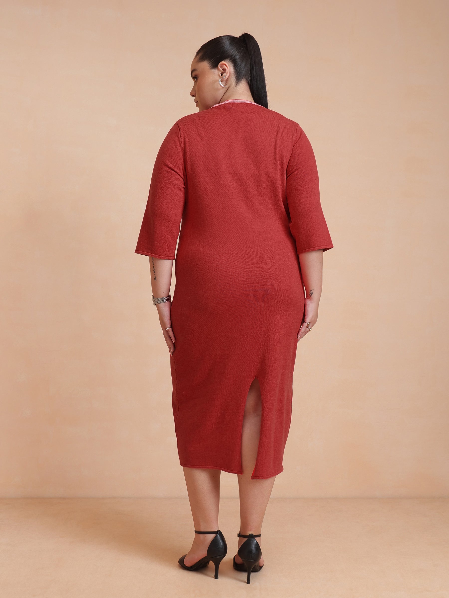 Red Knit Striped-Ribbed Neck Midi Dress-SASSAFRAS Curve