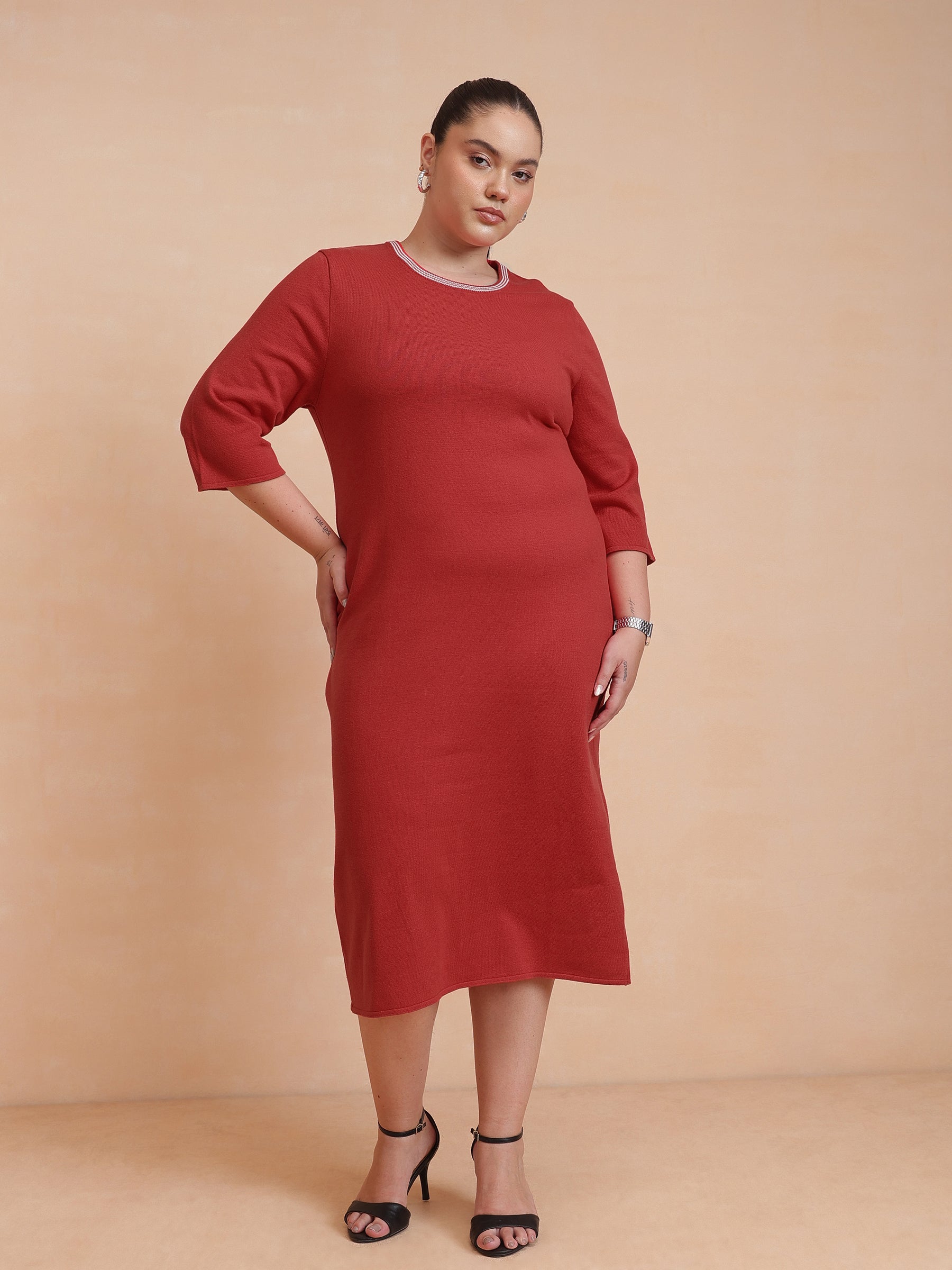 Women Red Knit Striped-Ribbed Neck Midi Dress