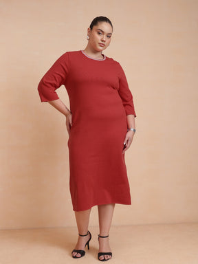 Women Red Knit Striped-Ribbed Neck Midi Dress