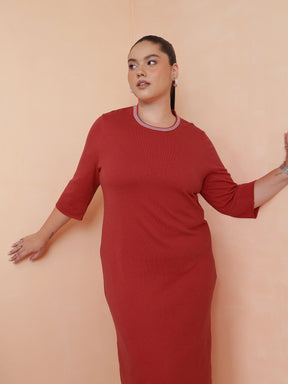 Women Red Knit Striped-Ribbed Neck Midi Dress
