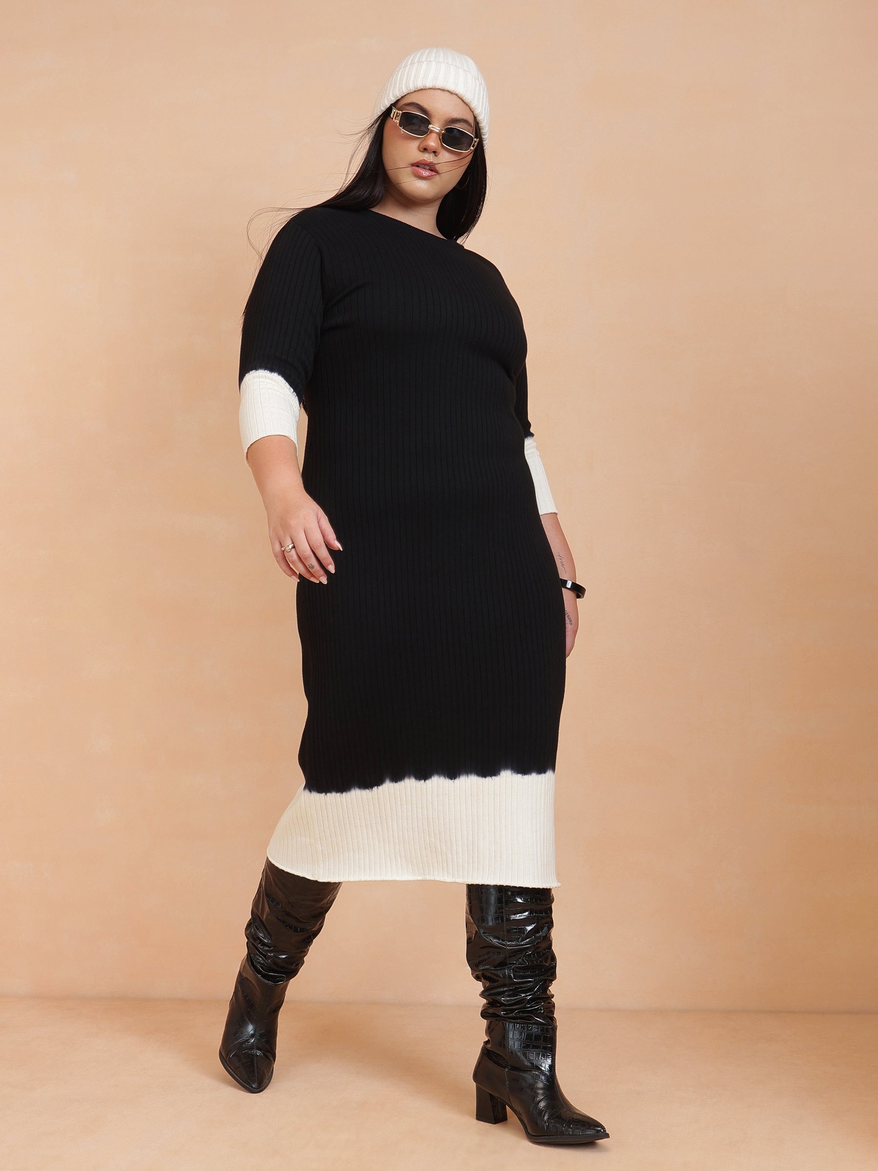 Black & White Knit Round Neck Midi Dress-SASSAFRAS Curve