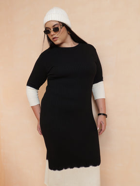 Black & White Knit Round Neck Midi Dress-SASSAFRAS Curve