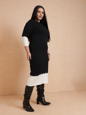 Black & White Knit Round Neck Midi Dress-SASSAFRAS Curve