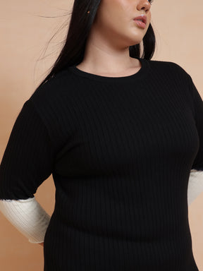 Black & White Knit Round Neck Midi Dress-SASSAFRAS Curve