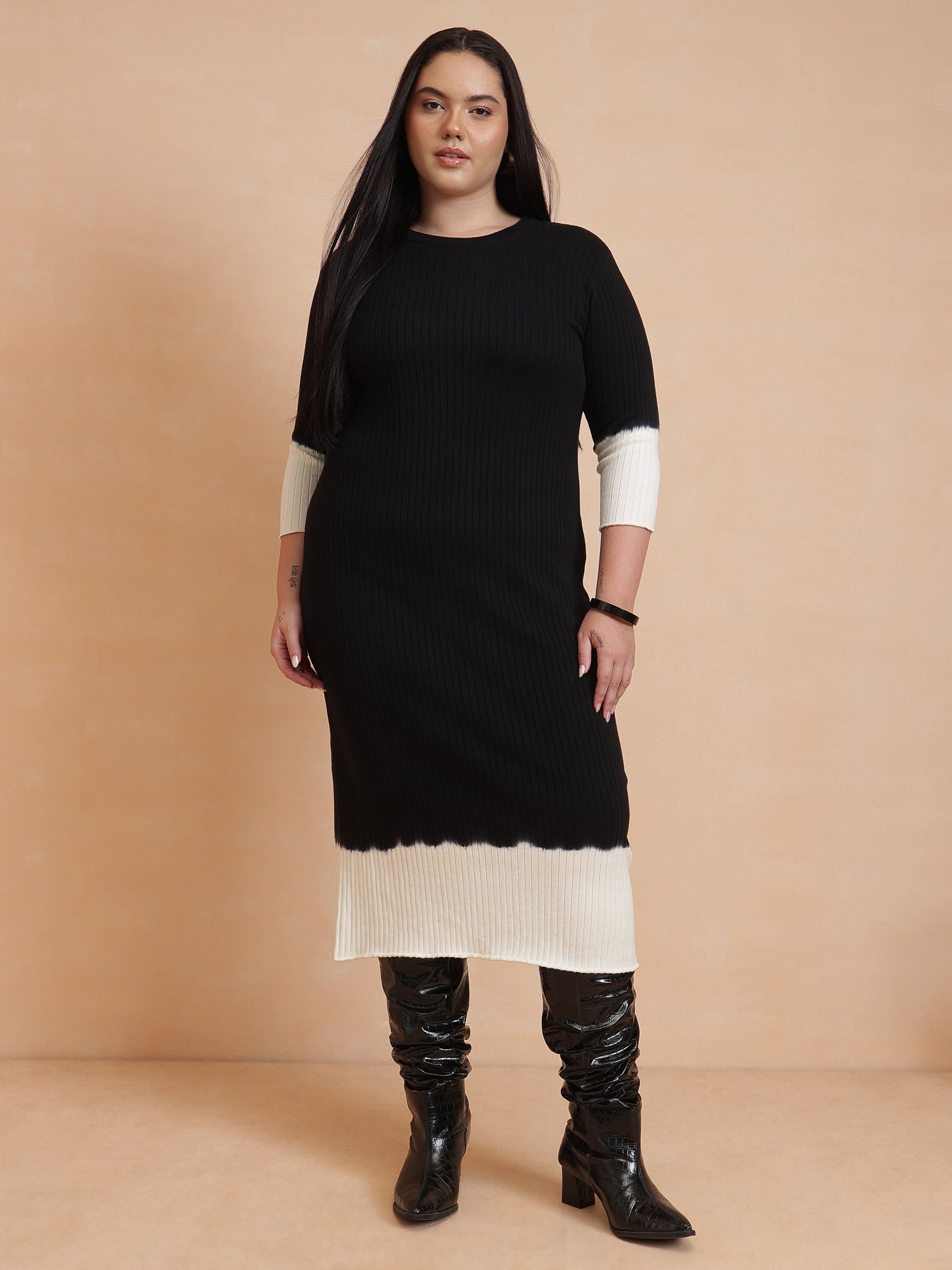 Women Black & White Knit Round Neck Midi Dress