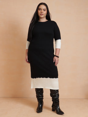 Women Black & White Knit Round Neck Midi Dress