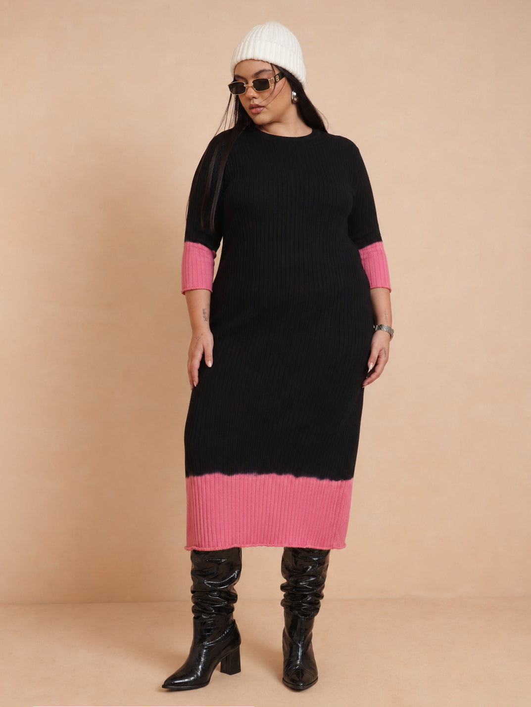 Black & Pink Knit Round Neck Midi Dress-SASSAFRAS Curve