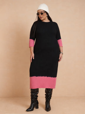 Black & Pink Knit Round Neck Midi Dress-SASSAFRAS Curve