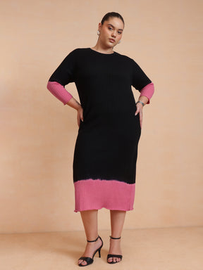 Black & Pink Knit Round Neck Midi Dress-SASSAFRAS Curve
