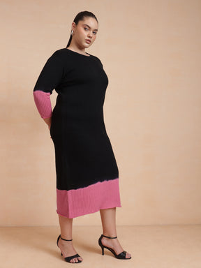 Black & Pink Knit Round Neck Midi Dress-SASSAFRAS Curve
