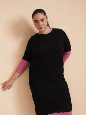 Women Black & Pink Knit Round Neck Midi Dress