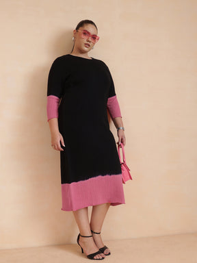 Women Black & Pink Knit Round Neck Midi Dress