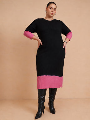 Women Black & Pink Knit Round Neck Midi Dress