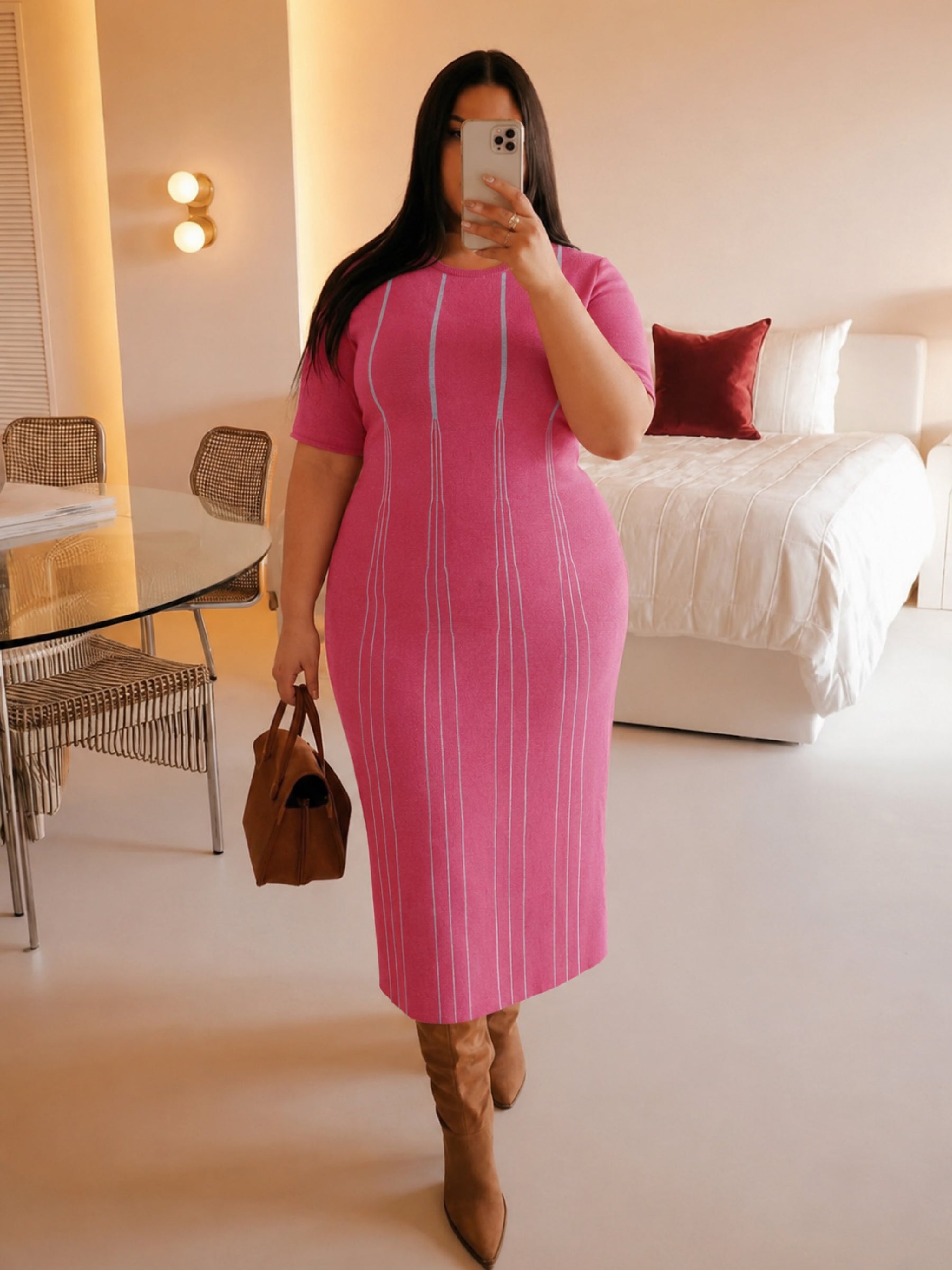 Pink & Grey Stripe Knit Short Sleeves Midi Dress-SASSAFRAS Curve