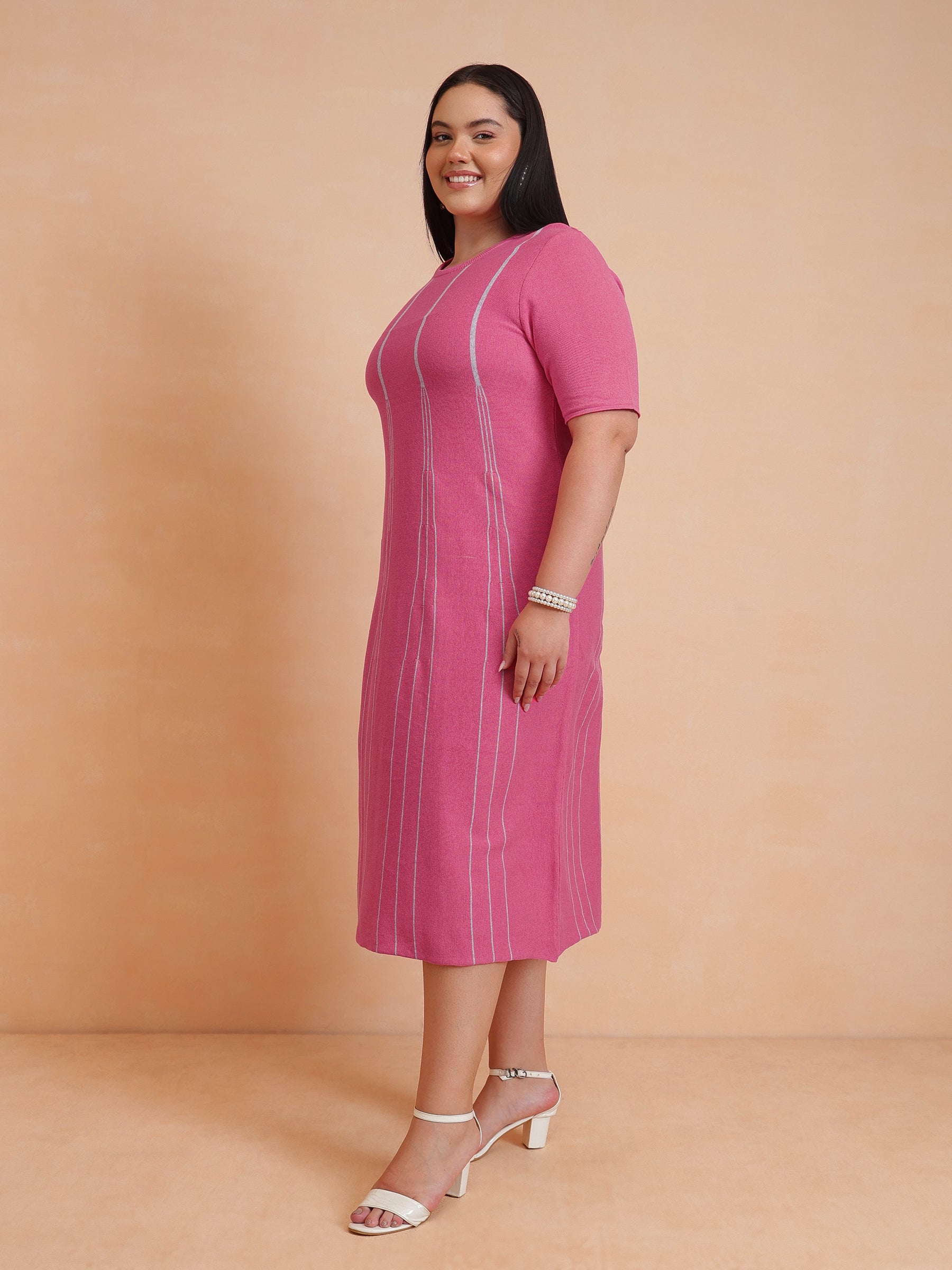 Pink & Grey Stripe Knit Short Sleeves Midi Dress-SASSAFRAS Curve