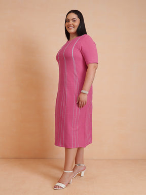 Pink & Grey Stripe Knit Short Sleeves Midi Dress-SASSAFRAS Curve