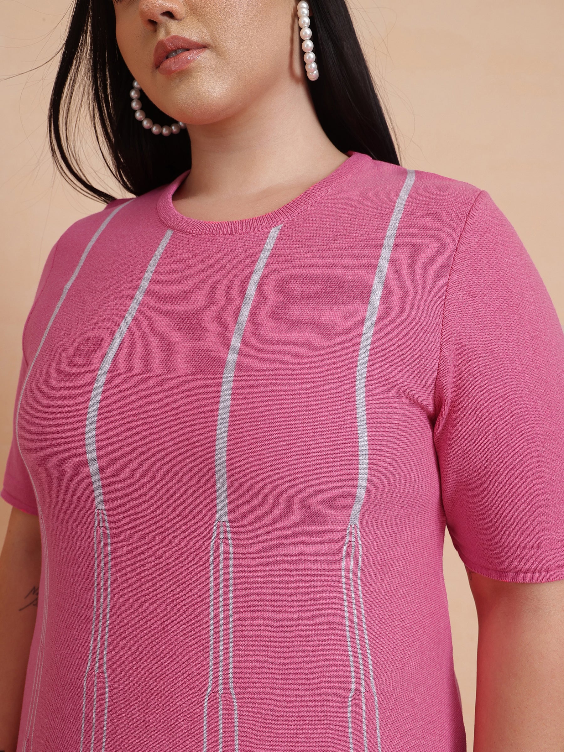 Pink & Grey Stripe Knit Short Sleeves Midi Dress-SASSAFRAS Curve