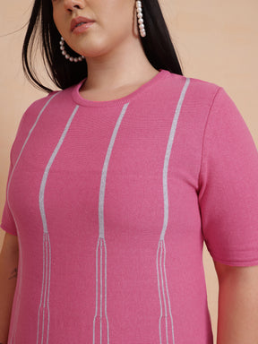 Pink & Grey Stripe Knit Short Sleeves Midi Dress-SASSAFRAS Curve