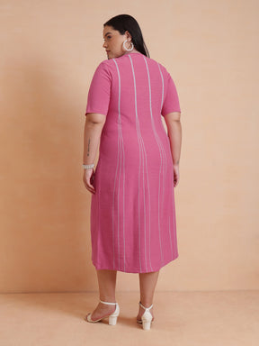 Pink & Grey Stripe Knit Short Sleeves Midi Dress-SASSAFRAS Curve