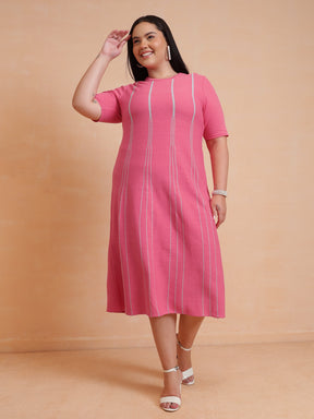 Women Pink & Grey Stripe Knit Short Sleeves Midi Dress