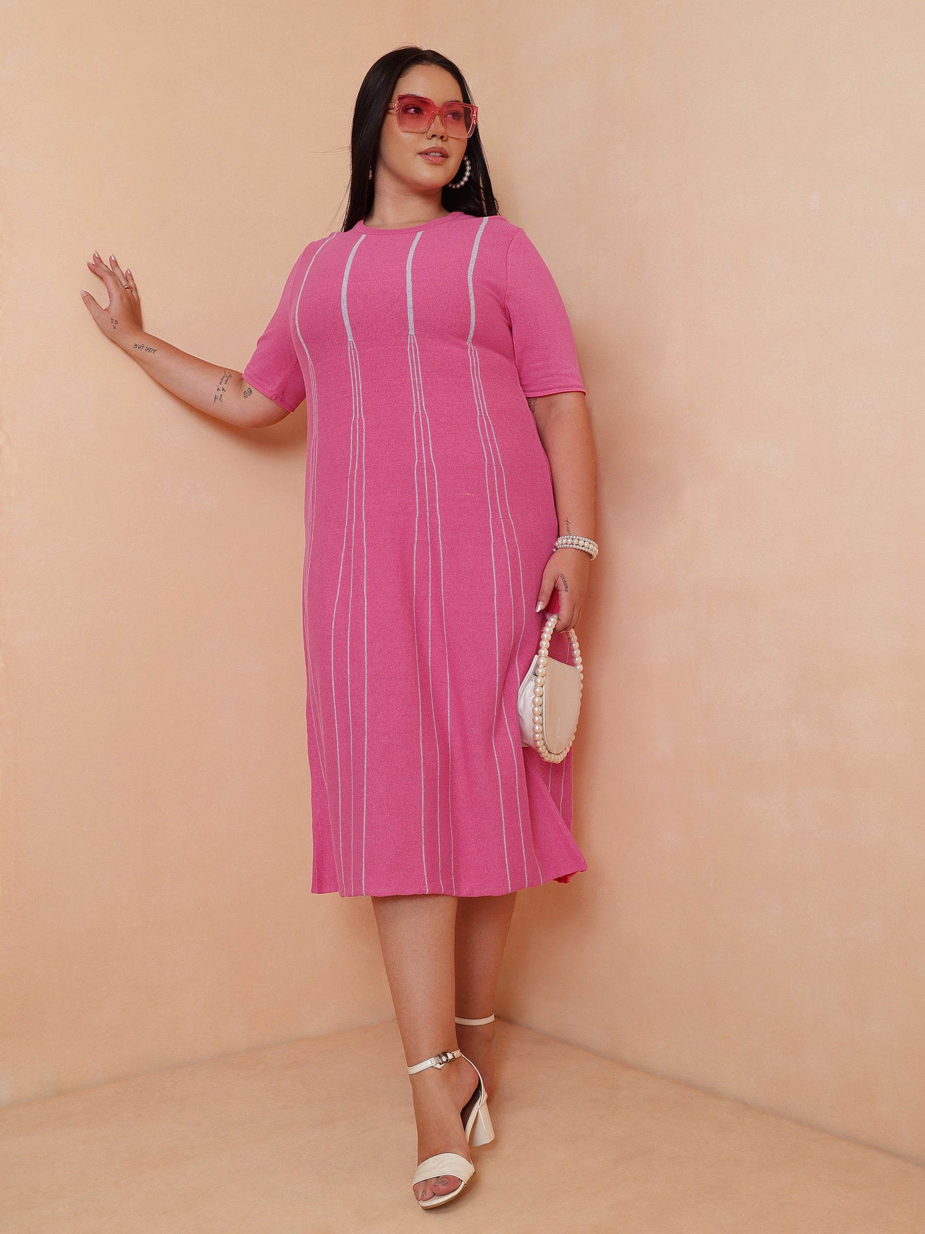 Women Pink & Grey Stripe Knit Short Sleeves Midi Dress