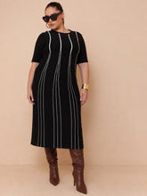 Black & White Stripe Knit Short Sleeves Midi Dress-SASSAFRAS Curve