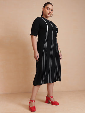 Black & White Stripe Knit Short Sleeves Midi Dress-SASSAFRAS Curve