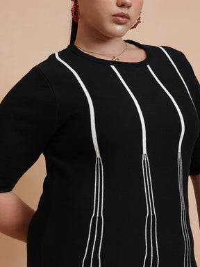 Black & White Stripe Knit Short Sleeves Midi Dress-SASSAFRAS Curve