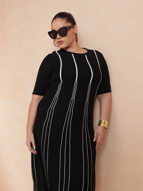 Black & White Stripe Knit Short Sleeves Midi Dress-SASSAFRAS Curve