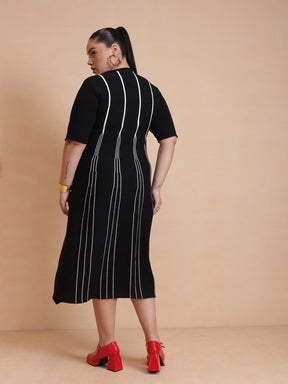 Women Black & White Stripe Knit Short Sleeves Midi Dress