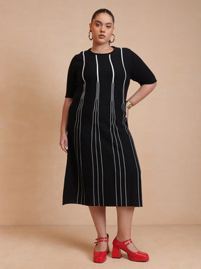 Women Black & White Stripe Knit Short Sleeves Midi Dress