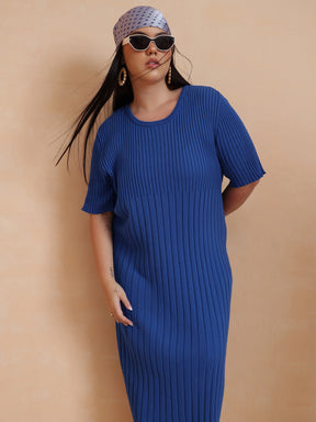 Blue Knit A-Line Midi Dress-SASSAFRAS Curve