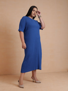 Blue Knit A-Line Midi Dress-SASSAFRAS Curve
