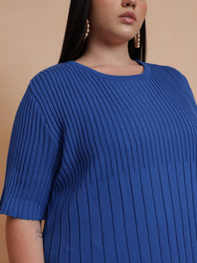 Blue Knit A-Line Midi Dress-SASSAFRAS Curve