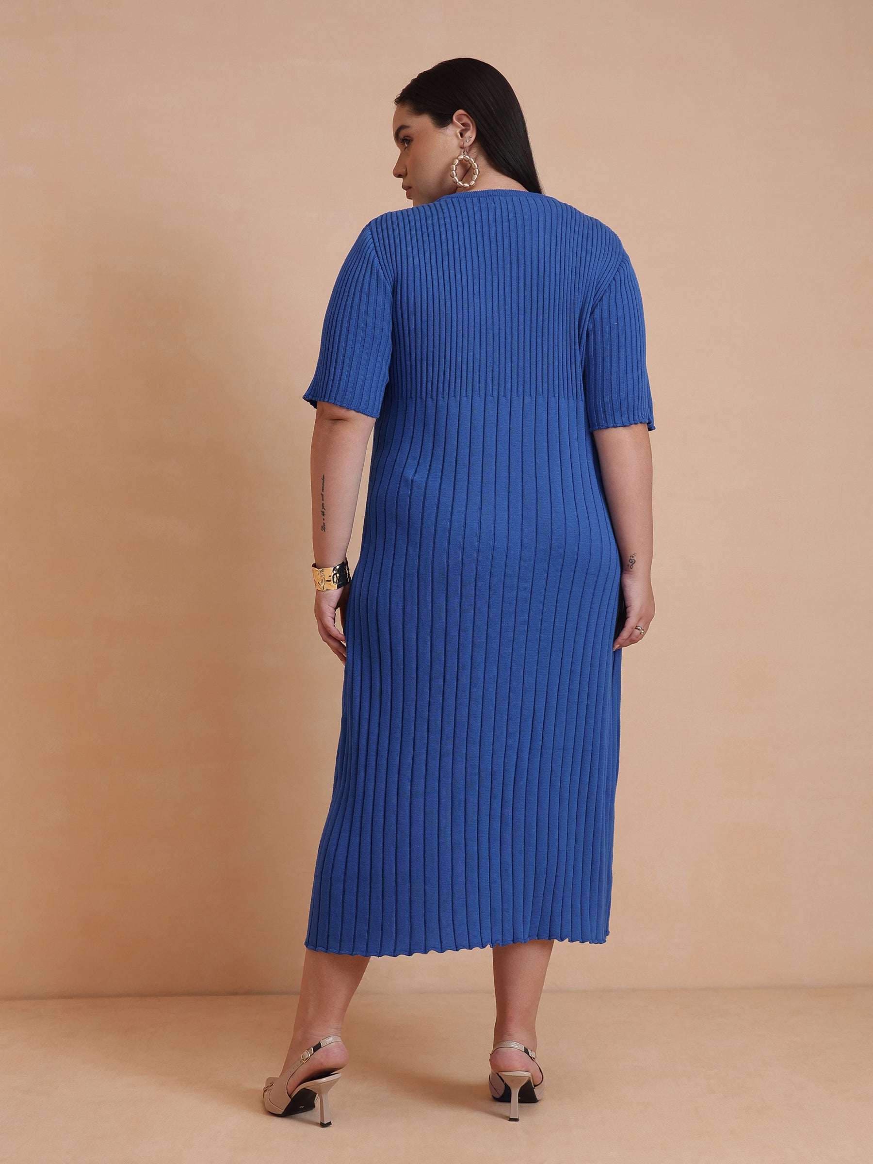 Blue Knit A-Line Midi Dress-SASSAFRAS Curve