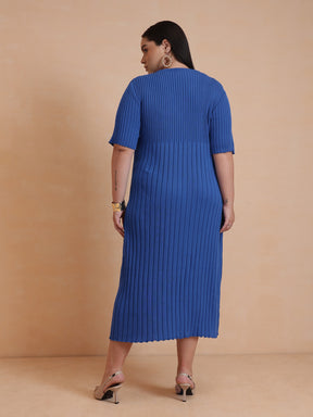 Blue Knit A-Line Midi Dress-SASSAFRAS Curve