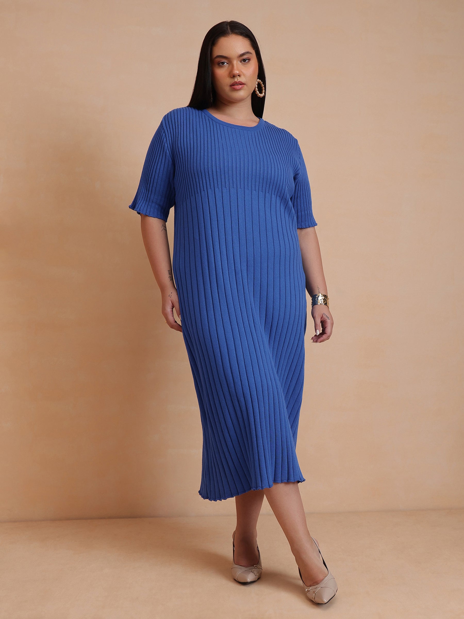 Women Blue Knit A-Line Midi Dress
