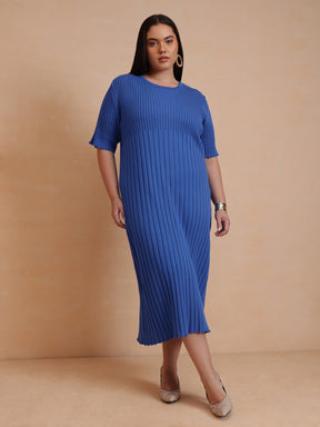 Women Blue Knit A-Line Midi Dress