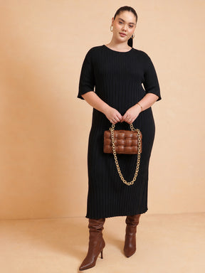 Black Knit A-Line Midi Dress-SASSAFRAS Curve