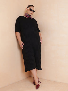 Black Knit A-Line Midi Dress-SASSAFRAS Curve