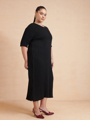 Black Knit A-Line Midi Dress-SASSAFRAS Curve