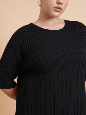 Black Knit A-Line Midi Dress-SASSAFRAS Curve