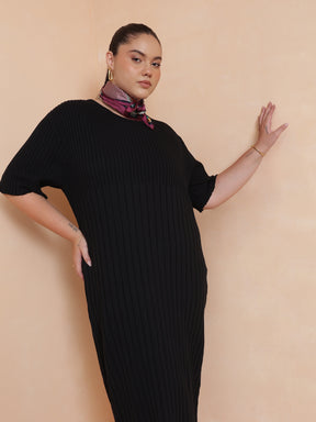 Black Knit A-Line Midi Dress-SASSAFRAS Curve