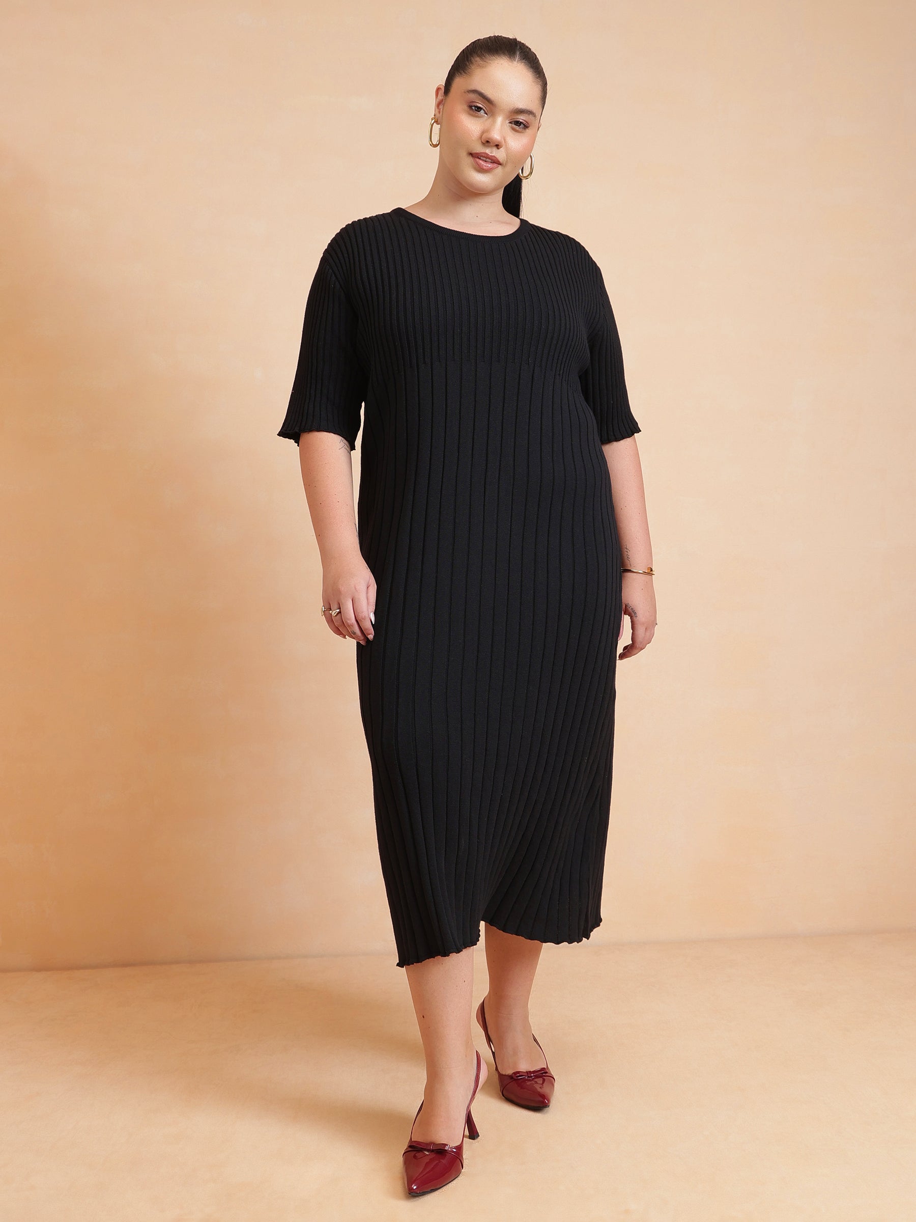 Women Black Knit A-Line Midi Dress