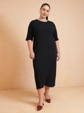 Women Black Knit A-Line Midi Dress