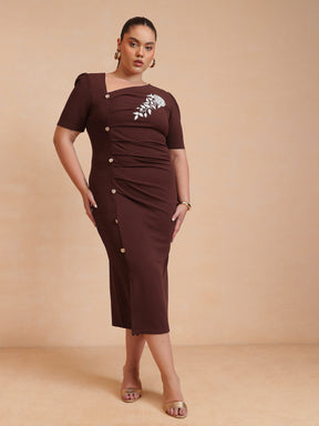 Brown Side Button Bodycon Dress-SASSAFRAS Curve