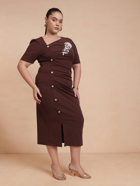 Brown Side Button Bodycon Dress-SASSAFRAS Curve