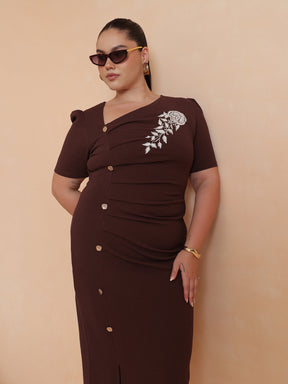 Brown Side Button Bodycon Dress-SASSAFRAS Curve